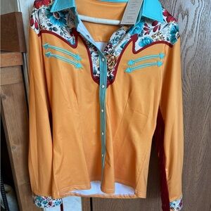 Floral Western Women Top - Orange and Blue